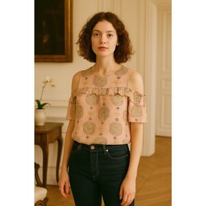 Cold Shoulder Blouse‎ Pink Medallion Print Ruffle Short Sleeve Top